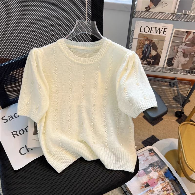 ฤดูร้อนสไตล์ใหม่ลูกปัดแขนสั้นเสื้อถักผู้หญิง ผอมลง ดูแฟชั่นแฟชั่นสั้นด้านบน - รูปที่ 3