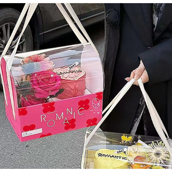 กล่องเค้ก กล่องใส่ดอกไม้ ตุ๊กตา แบบมีหูหิ้วฝาโดม (VL19)