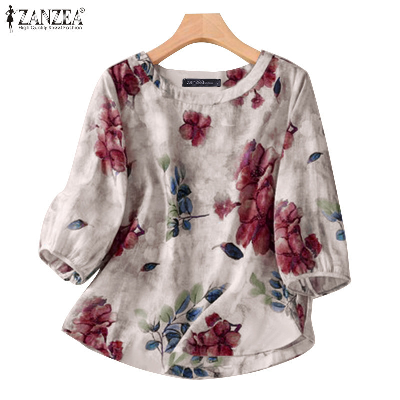 Zanzea เสื้อเบลาส์ คอกลม แขนทรงโคมไฟ พิมพ์ลาย สไตล์เกาหลี สําหรับผู้หญิง