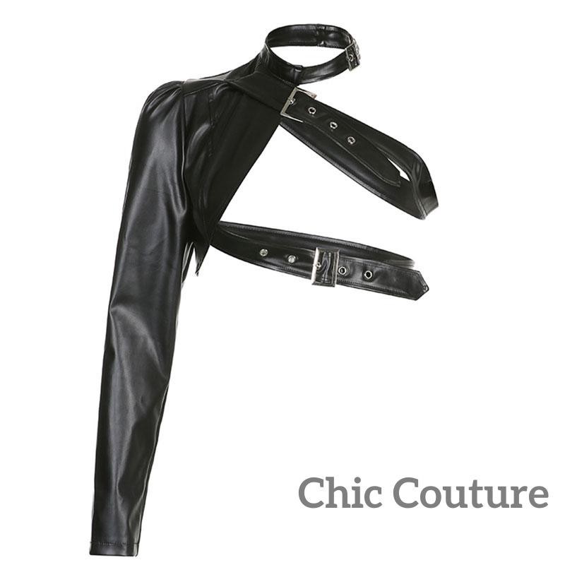 【ส่งจากไทย】​ผู้หญิงสไตล์พังก์ท็อปส์พืชเย็นเดียวแขนยาวคอแขวนเข็มขัดหนังเชื่อมต่อเสื้อผ้าผู้หญิง - รูปที่ 6