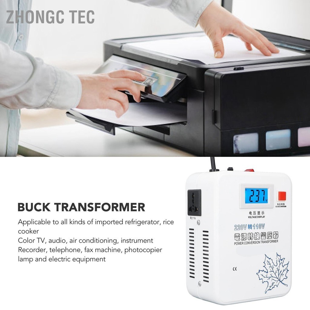 Zhongc Tec ตัวแปลงแรงดันไฟฟ้า AC 2000W 220V ถึง 110V Buck Transformer 2 Universal Socket ประสิทธิภาพสูง Power Converter