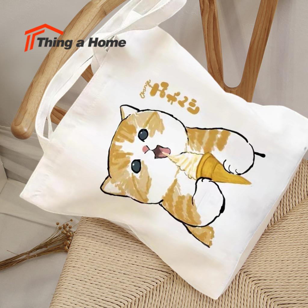 ThaiC. กระเป๋าถือ ผ้าแคสวาส สกรีนลาย (แมวเหมียว) สุดน่ารัก ไม่มีซิป Cloth bag