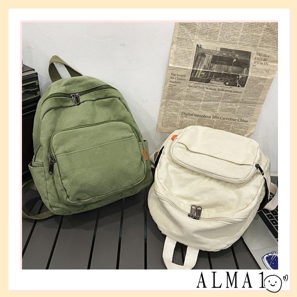 Alma กระเป๋าเป้สะพายหลัง ผ้าแคนวาส ใบเล็ก สไตล์เกาหลี วินเทจ สีพื้น มีซิป กระเป๋าเดินทาง กระเป๋าเป้ผู้ชาย