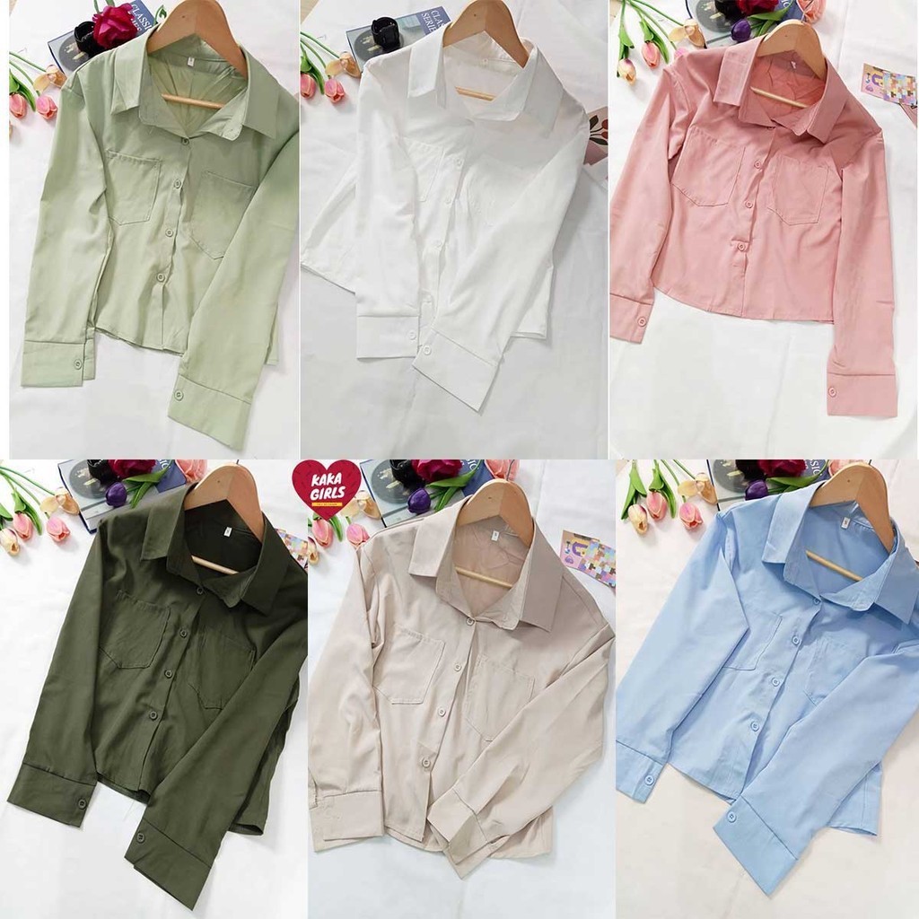 เสื้อครอปเชิ้ตแขนยาว คอปกใส่ทำงาน มีกระเป๋าหน้า แมทได้ มี 7สี เลือกได้เลยย