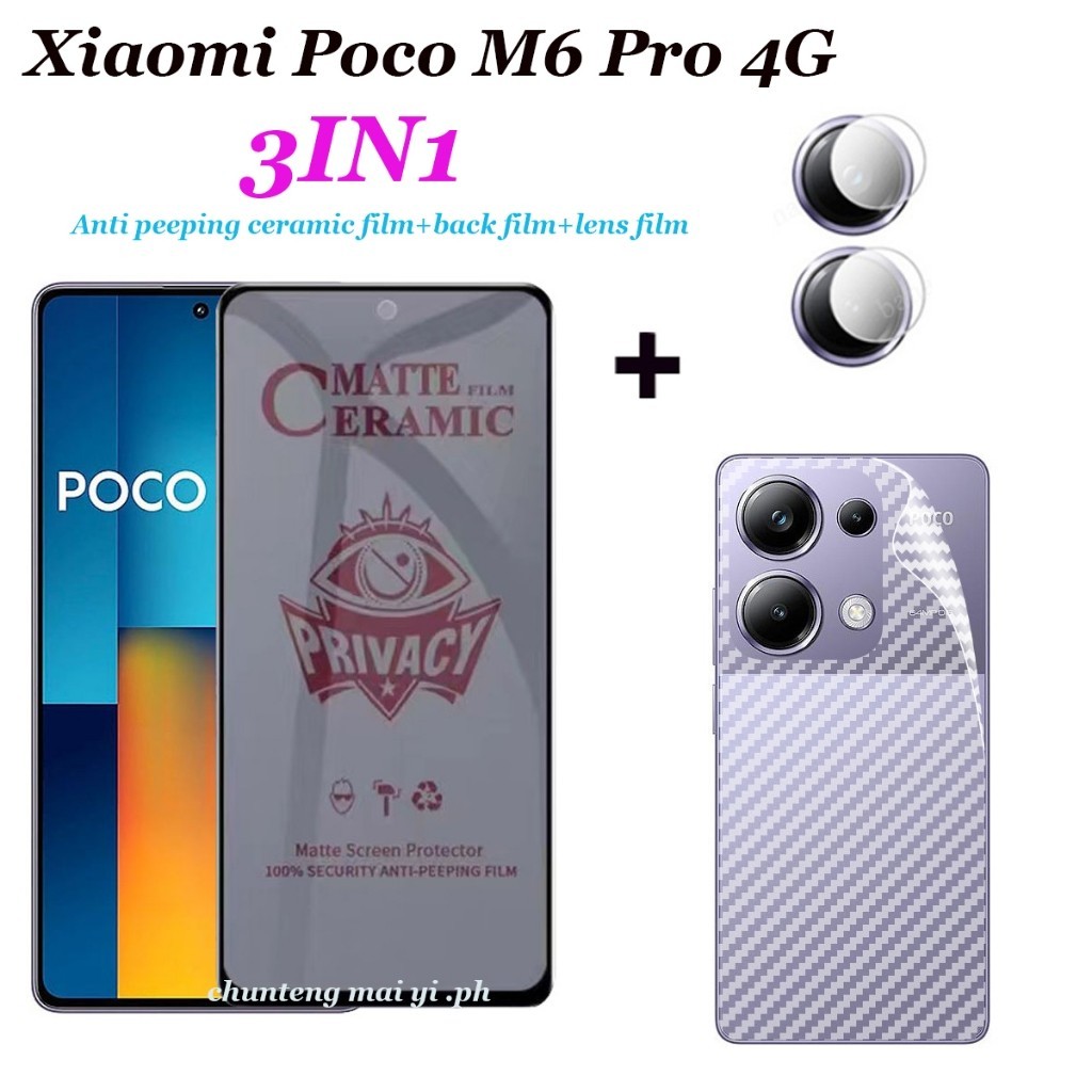 (3in1) ฟิล์มกระจกนิรภัยกันรอยหน้าจอ ฟิล์มกล้อง ฟิล์มฟิล์ม ฟิล์มเลนส์ อิตาลีพาวเวอร์ 55 กันแอบมอง สําหรับ Xiaomi Poco M6 Pro 4G Xiaomi Poco X6 Pro 5G
