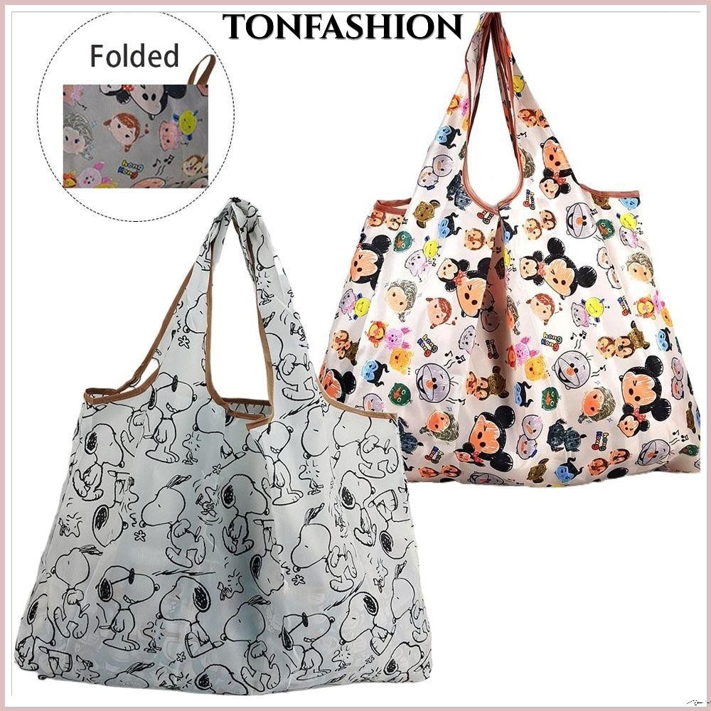 Tonfashion กระเป๋าถือ ทรงโท้ท ขนาดใหญ่ จุของได้เยอะ แบบพกพา พิมพ์ลายการ์ตูนสุนัข แมว เป็นมิตรกับสิ่งแวดล้อม สําหรับเดินทาง