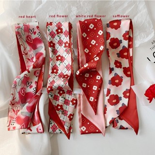 [Magpie] ผ้าพันคอ ผ้าไหม ยาว สีแดง พร้อมริบบิ้น และที่คาดผม …