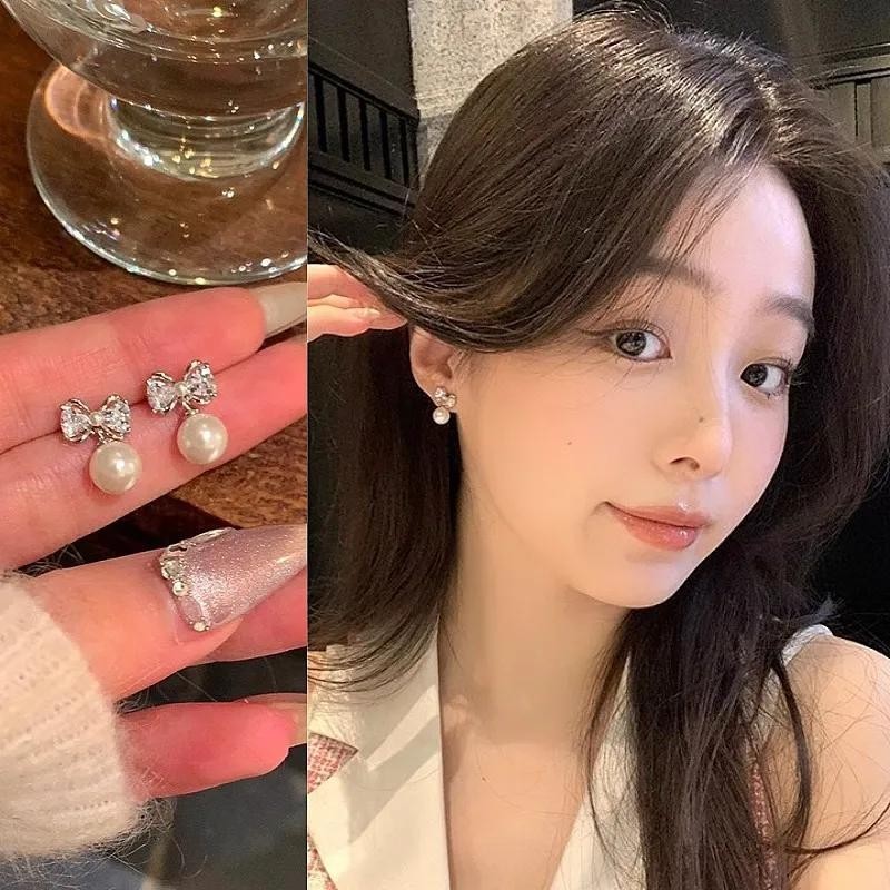 ต่างหูแบบหนีบ ประดับโบว์ ไข่มุก ไม่ต้องเจาะ Cey623