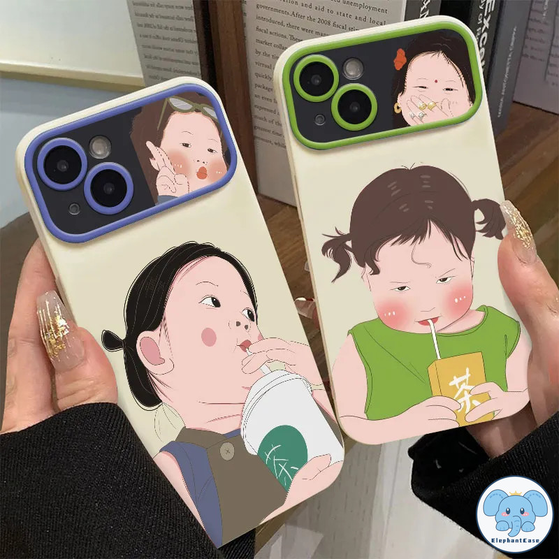 น่ารักชานมสาว cute ชนกันสีหน้าต่างกรอบปก iPhone 11 14 Pro Max 7Plus 15 13 12 XS Max X XR 7 8 15 14 Plus SE