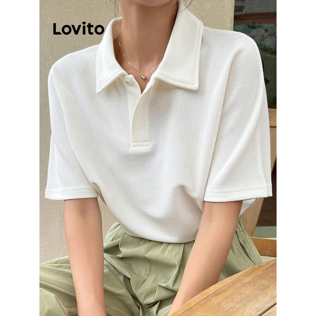 Lovito เสื้อโปโลผู้หญิง ผ้าถักวาฟเฟิล สีพื้น สไตล์ลำลอง L80ED108