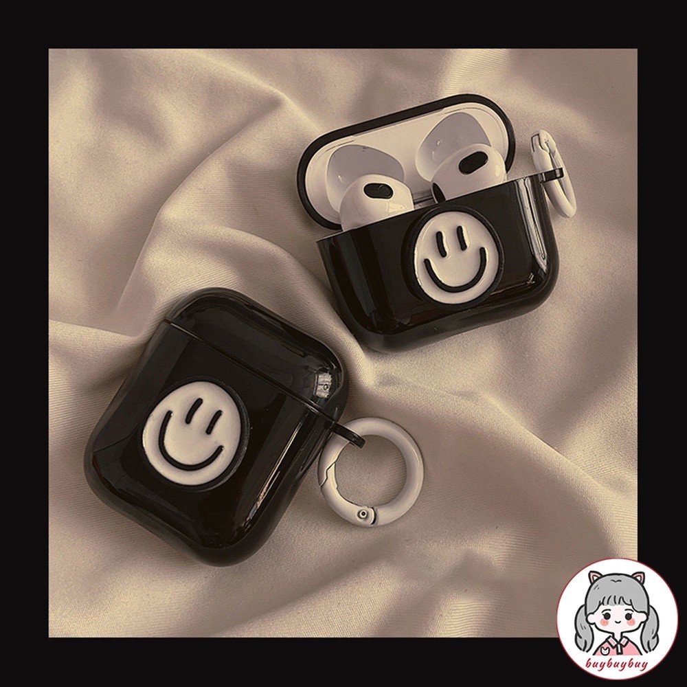 เคสหูฟังบลูทูธไร้สาย แบบซิลิโคนแข็ง ลายหน้ายิ้ม สีดํา สําหรับ Airpods 1 2 3 pro pro2