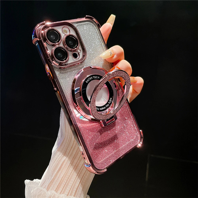เคสโทรศัพท์มือถือนิ่ม กันกระแทก ป้องกันเลนส์กล้อง ลายกลิตเตอร์ พร้อมแหวนขาตั้งแม่เหล็ก สําหรับ iPhone 15 14 Plus 13 12 11 Pro Max