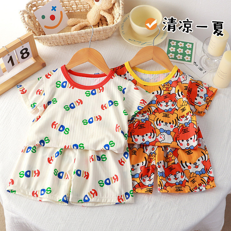[ZY] พร้อมส่ง ชุดเสื้อยืดแขนสั้น กางเกงขาสั้น ผ้าเรยอน พิมพ์ลาย สไตล์เกาหลี ระบายอากาศ สําหรับเด็ก 70-150 ซม.