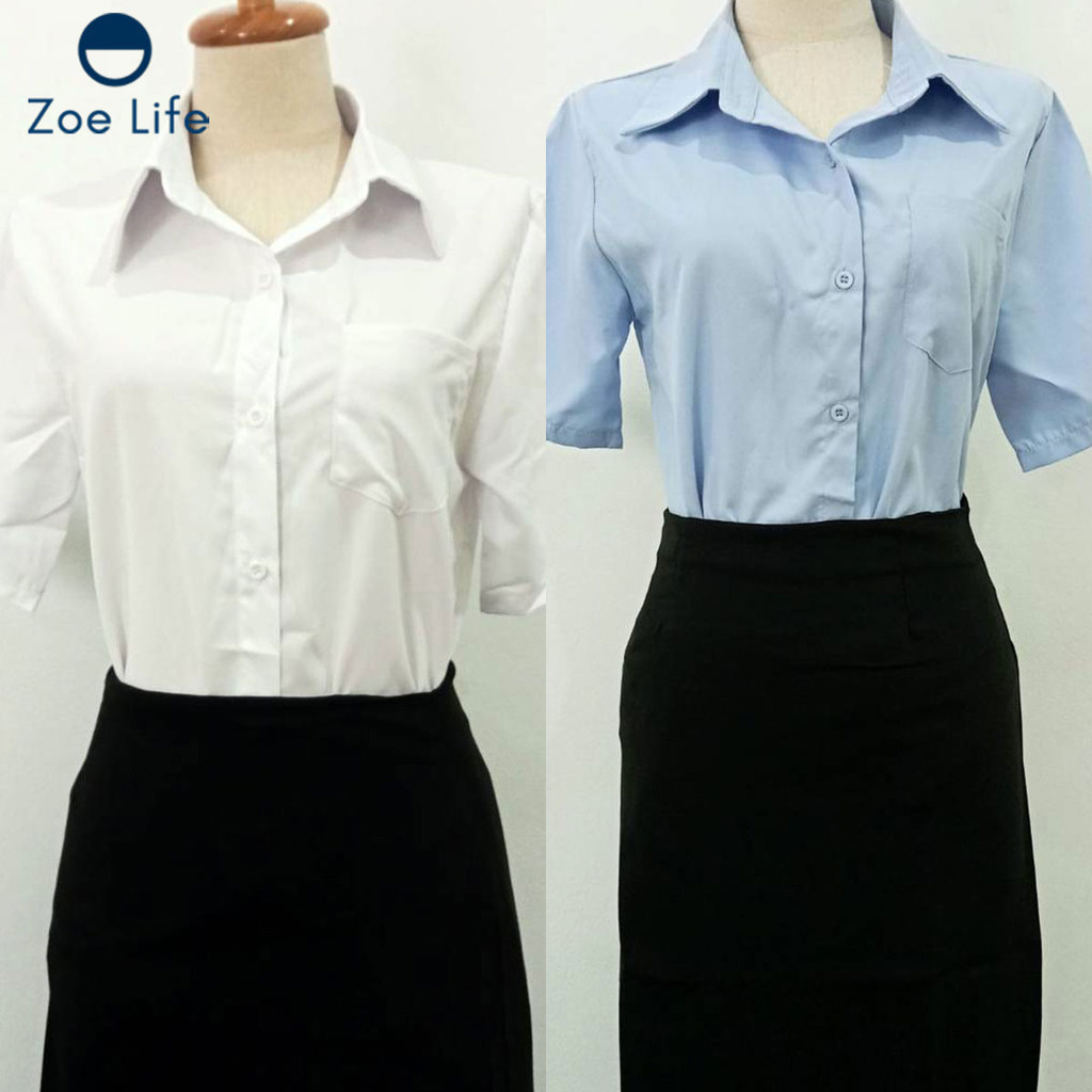 พร้อมส่ง เสื้อเชิ๊ตแขนสั้นผู้หญิงนักศึกษา  รุ่นมีกระเป๋า ผ้านิ่ม ใส่สบาย คอปกกระดุม