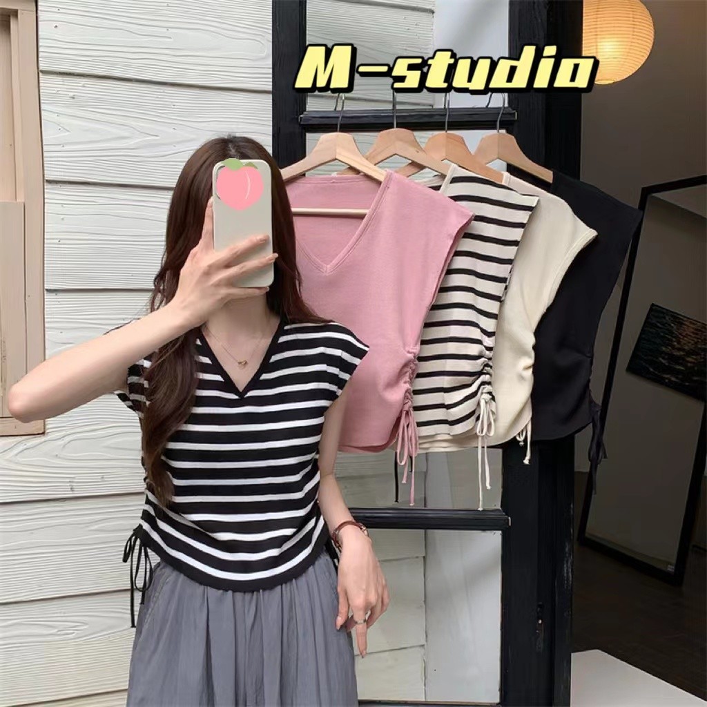 Maze*พร้อมส่ง*เสื้อคอวีแขนกูดทรงสวย ดีเทลรูดข้างเก๋ลายทางเก๋ๆใส่แล้วทำให้ดูเพียวขึ้น(51099)