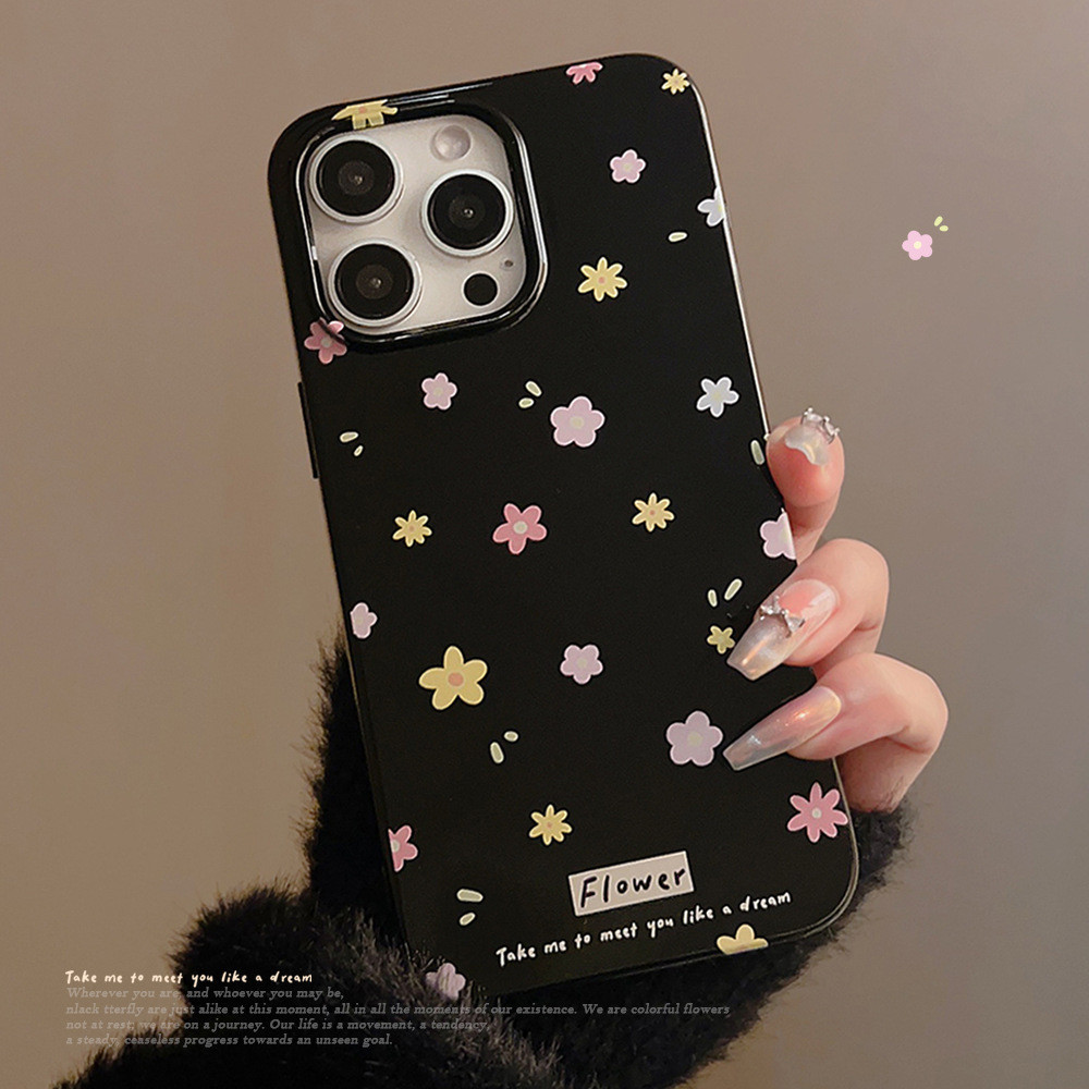 เคสโทรศัพท์มือถือ ซิลิโคน tpu กันกระแทก ลายดอกไม้ สีดํา สําหรับ iphone 11 12 13 14 15 pro max plus x xr xs max 7 8 plus se2020