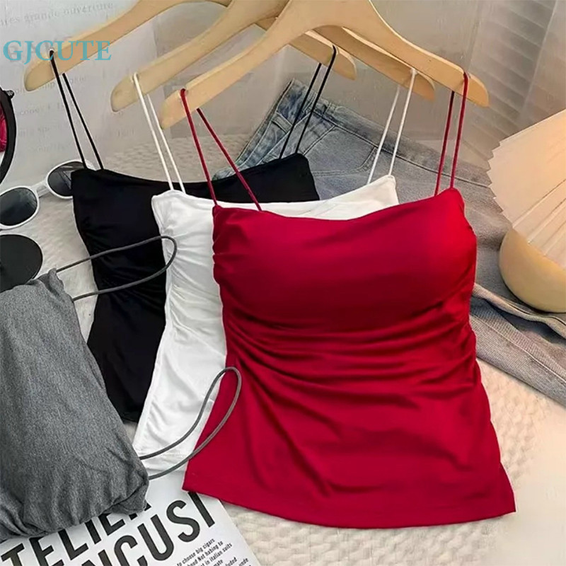 Gjcute เสื้อสายเดี่ยว สายสปาเก็ตตี้ จับจีบ สีพื้น พร้อมแผ่นรองหน้าอก เหมาะกับฤดูร้อน สําหรับผู้หญิง WTD