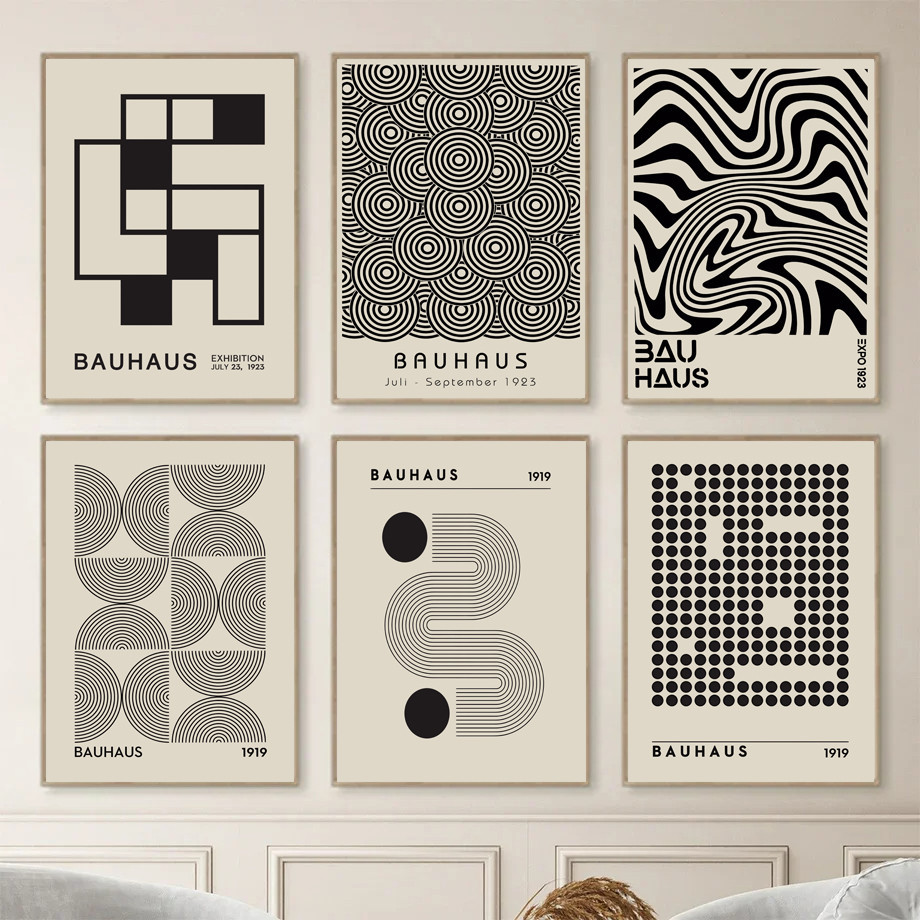 บทคัดย่อ Bauhaus เรขาคณิต Wall Art โปสเตอร์ Vintage สีดํา Beige Line ภาพวาดผ้าใบพิมพ์ภาพสําหรับ Modern Room Home Decor