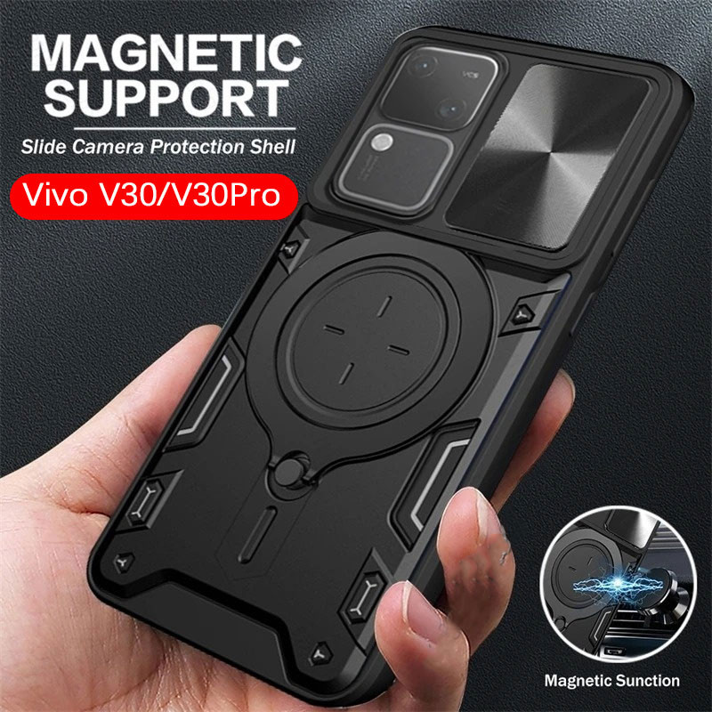VivoV40 VivoV30 Metal Magnetic Car Ring Holder Casing For Vivo V30 Pro Lite V30Pro V40Pro V30E 5G Slide Push Camera Hard Phone Case Shockproof Protect Back Cover