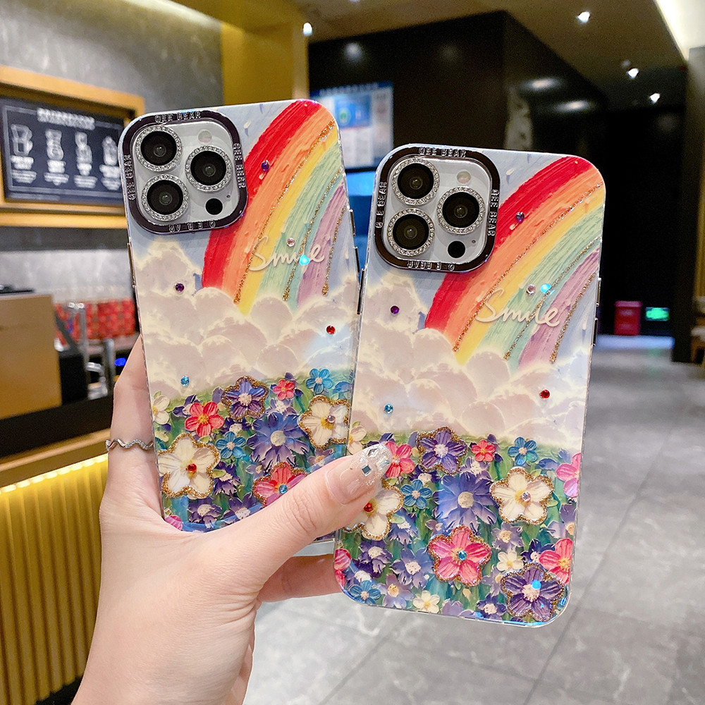 สําหรับ iphone 16 plus 11 Pro Max 14 15 plus ภาพวาดสีน้ํามันดอกไม้สายรุ้งเคสโทรศัพท์ DIY เลนส์ป้องกันฟิล์มสําหรับ iphone 12 13 14 Pro Max ซิลิโคนนุ่ม Anti Drop ผู้หญิง TPU ฝาครอบ