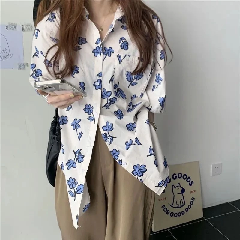 เสื้อเชิ้ตแขนสั้น คอปกโปโล ทรงหลวม พิมพ์ลาย สไตล์ฮ่องกง thumbnail 5