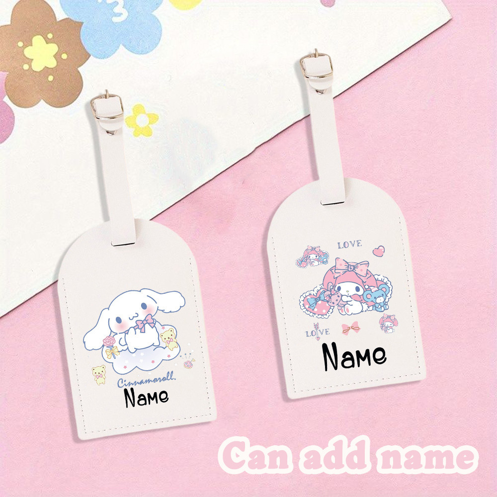 ป้ายแท็กชื่อ หนัง PU พิมพ์ลายการ์ตูน Cinnamoroll Melody เลือกชื่อได้ อุปกรณ์เสริม สําหรับกระเป๋าเดินทาง เหมาะกับผู้หญิง
