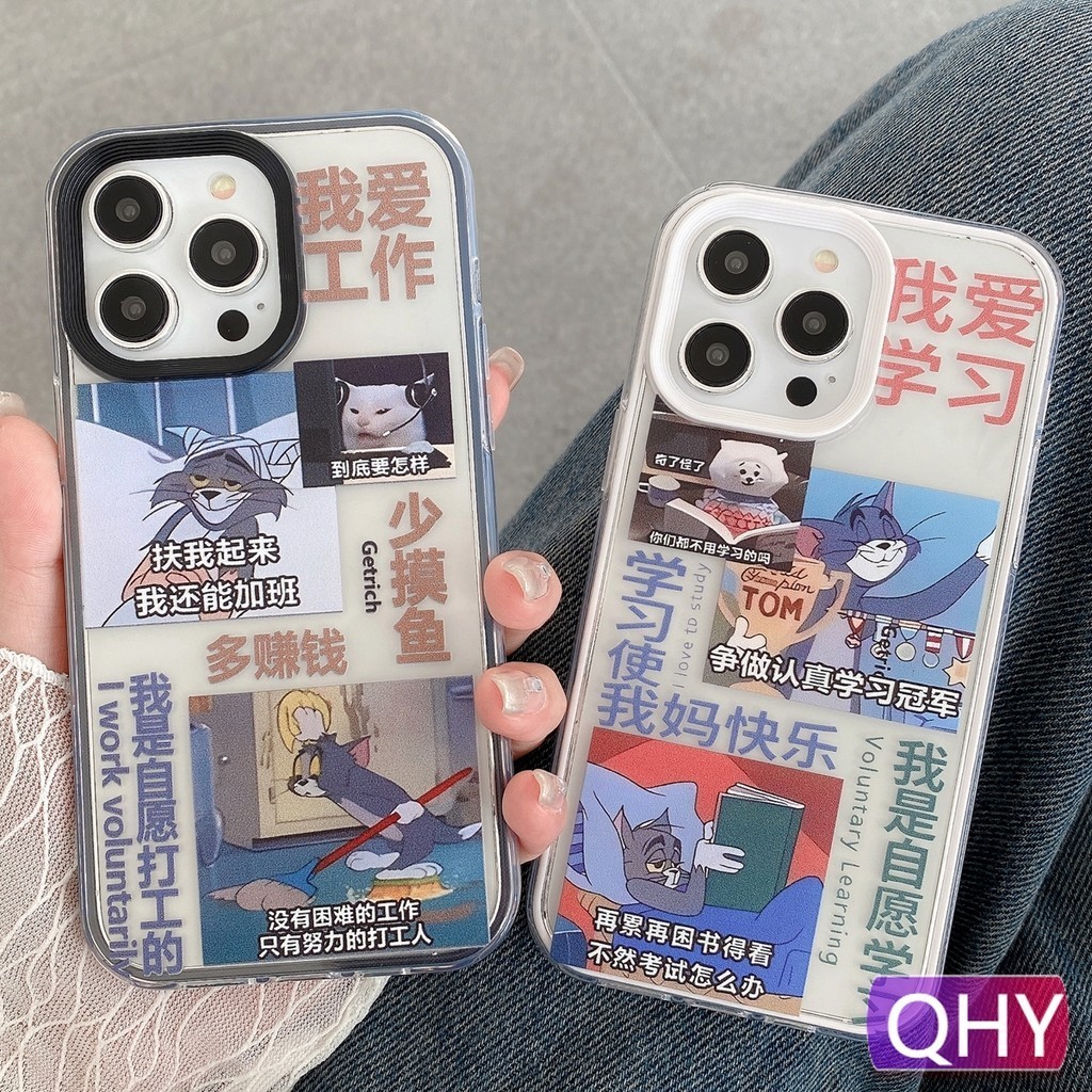 Qhy - super drop resistance หนาขอบสีขาวโปร่งใสการ์ตูนแมวตลกรูปแบบเคสโทรศัพท์สําหรับ iphone 16 plus 15 14 6s 7 8 plus XR SE3 11 12 13 pro max 2 in 1