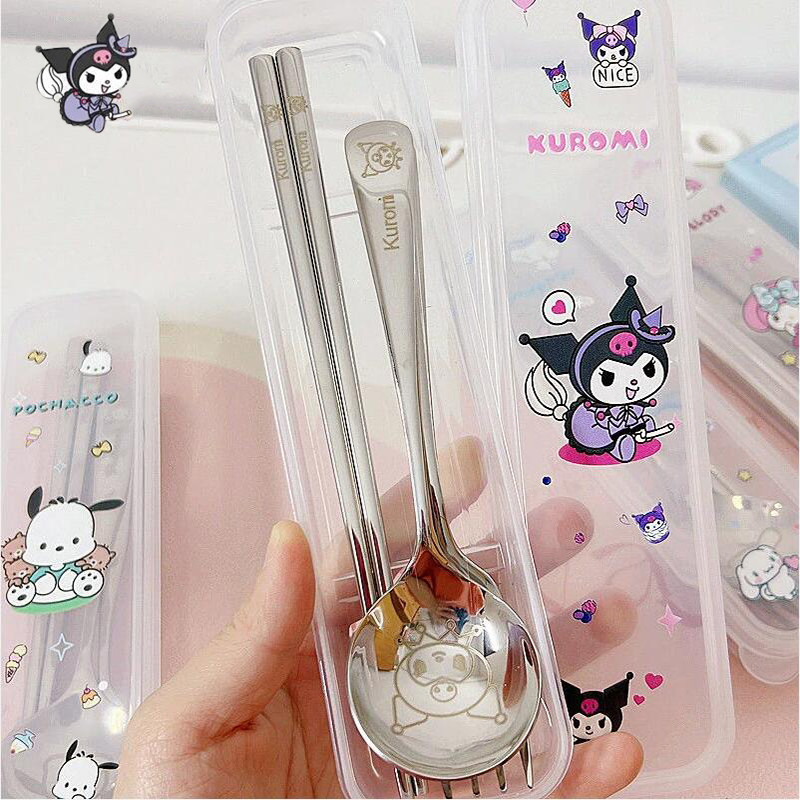 ช้อนส้อม ตะเกียบ สเตนเลส ลายการ์ตูน Sanrio Hello Kitty Cinnamoroll Kuromi น่ารัก 3 ชิ้น