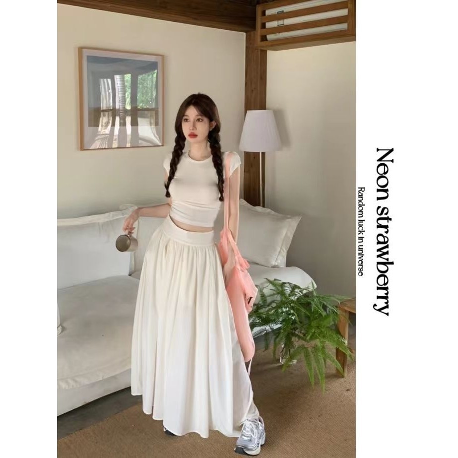 กระโปรงทรงเอ เอวสูง เข้ารูป สีพื้น ขนาดใหญ่ สไตล์ฝรั่งเศส เรโทร เหมาะกับฤดูร้อน สําหรับผู้หญิง
