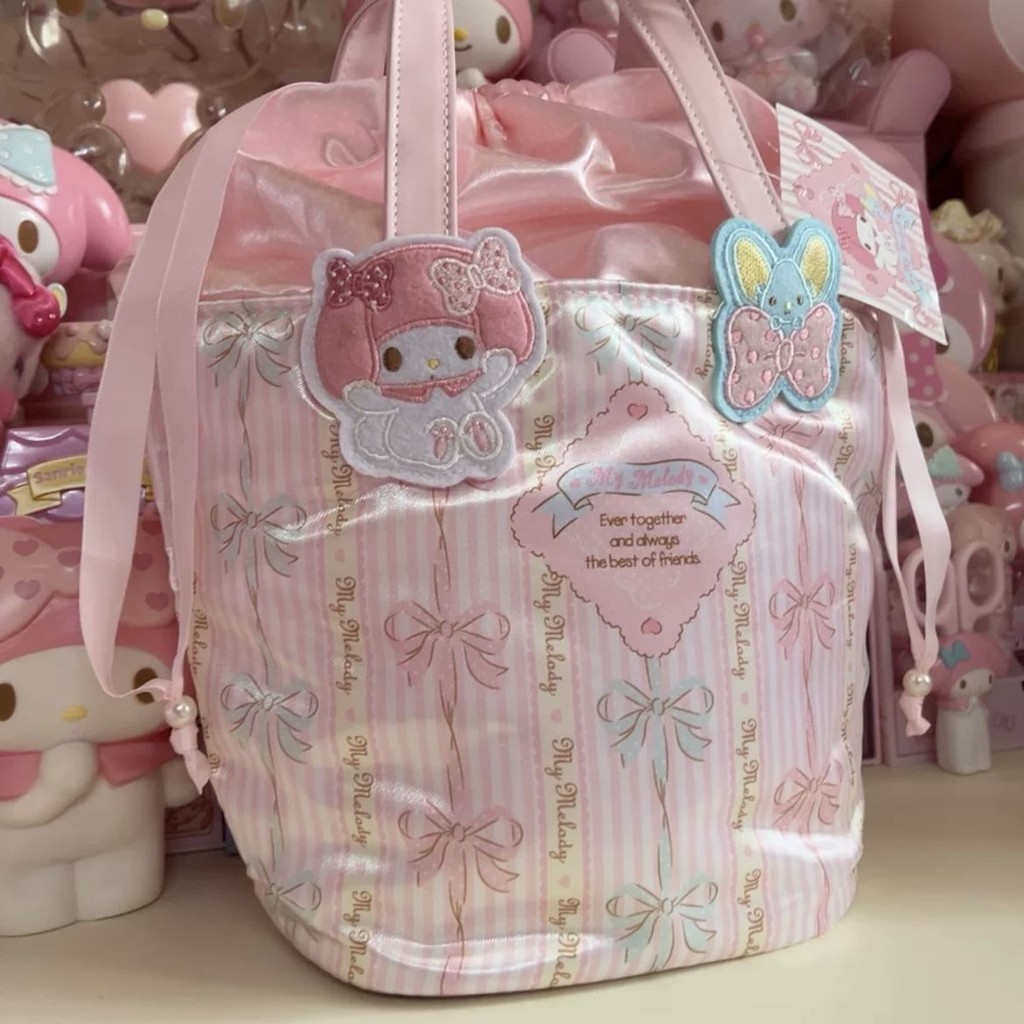 Melody Tote Bag กระเป๋าสะพายริบบิ้น Drawstring Drawstring Cosmetic Bag กระเป๋าเก็บของสีชมพู