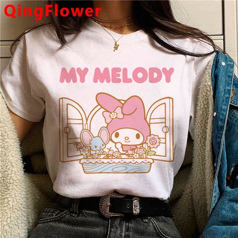 เสื้อยืด พิมพ์ลายกราฟิกการ์ตูนกราฟิก Kawaii Sanrio Melody Kuromi สไตล์ฮาราจูกุ สตรีท สําหรับผู้หญิง