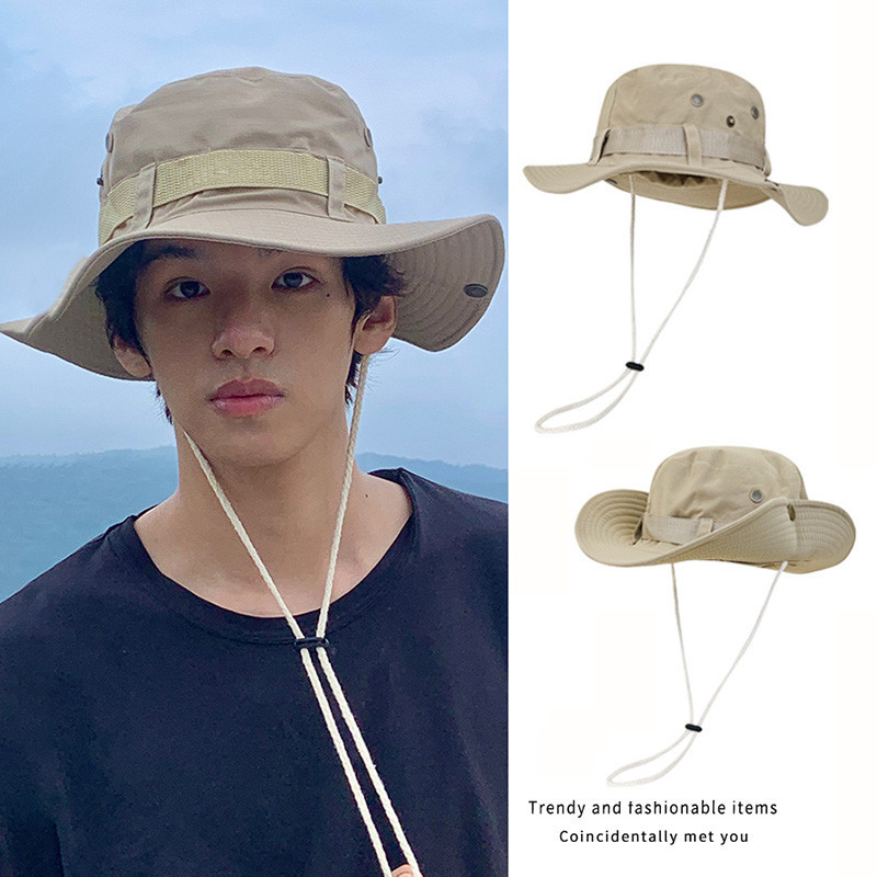 หมวกบักเก็ตเดินป่า ปีกกว้าง หมวกกันแดด ตั้งแคมป์ ปีนเขา มีสายคล้องคอ ปีกกว้าง หมวกบักเก็ต