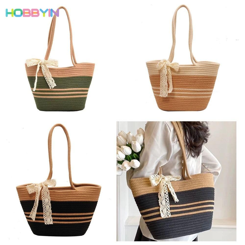 HOBBYIN กระเป๋าถือ ผ้าฝ้ายถัก แฮนด์เมด สไตล์เรโทร สําหรับชายหาด