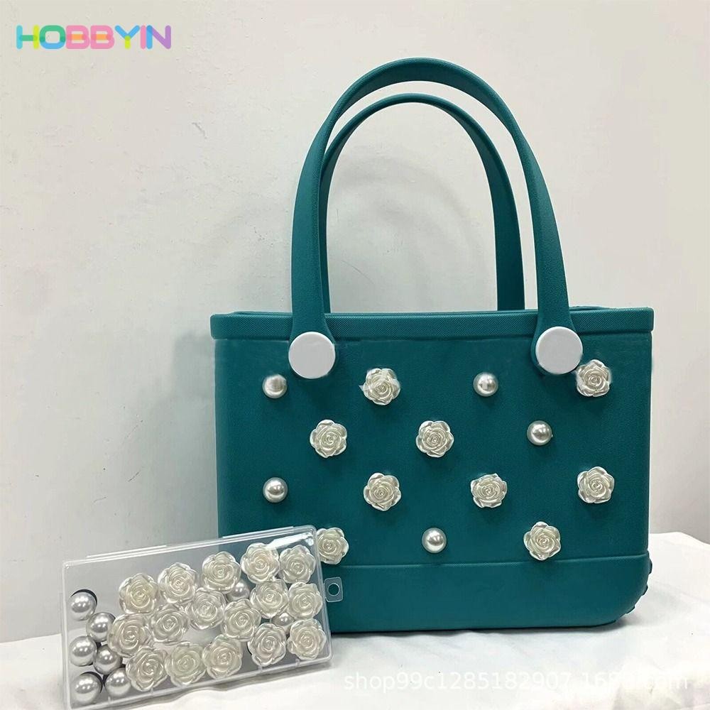 HOBBYIN 24PCS Charms สําหรับ Bogg Bags, อุปกรณ์เสริมชายหาดสีสันสดใส, ของตกแต่ง DIY ดอกไม้ไข่มุกยางสําหรับกระเป๋าชายหาดผู้หญิง