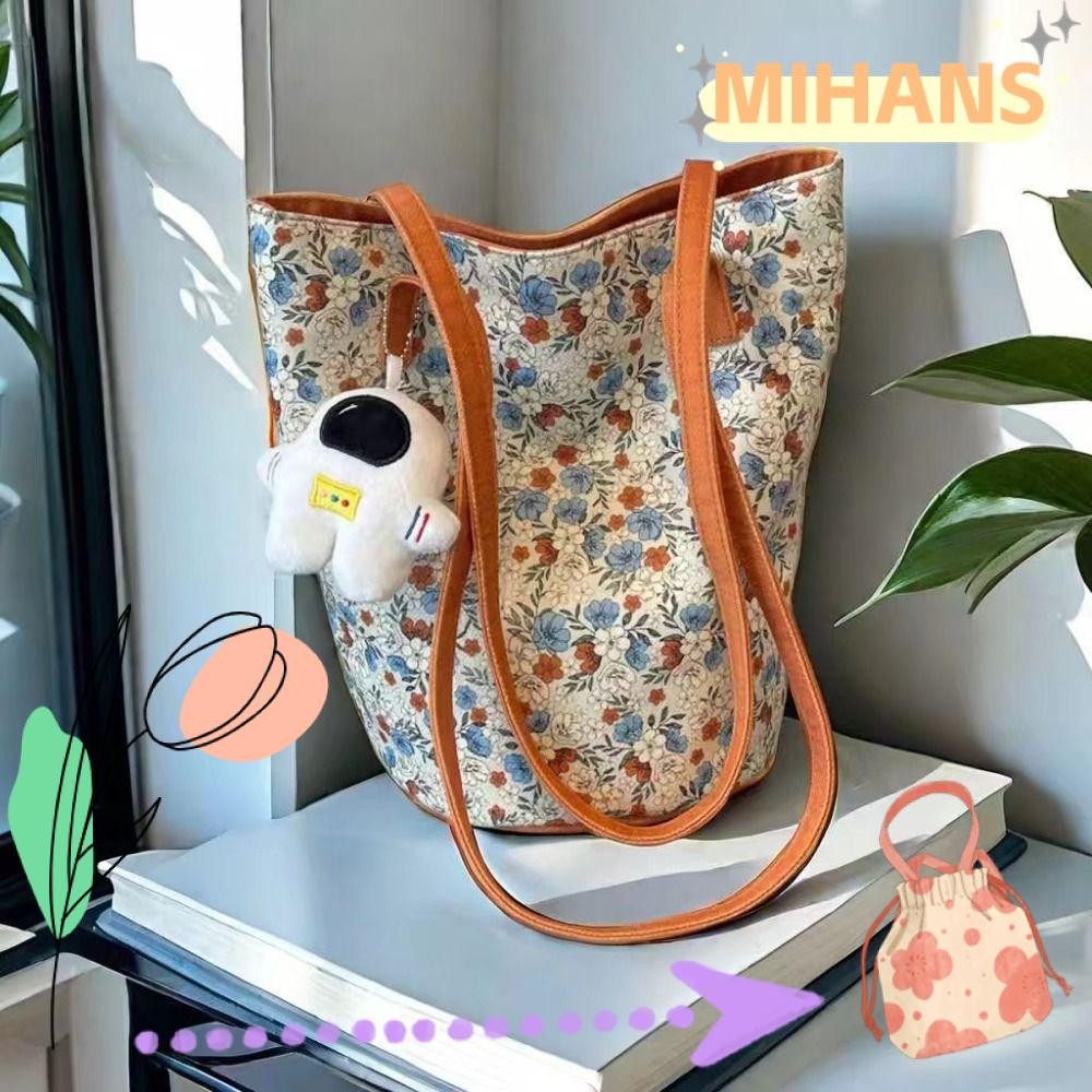 มิว กระเป๋าทรงถังกระเป๋าสะพายไหล่ลําลองความจุขนาดใหญ่แฟชั่นกระเป๋าถือลายดอกไม้ผ้าใบสร้างสรรค์สําหรับผู้หญิง