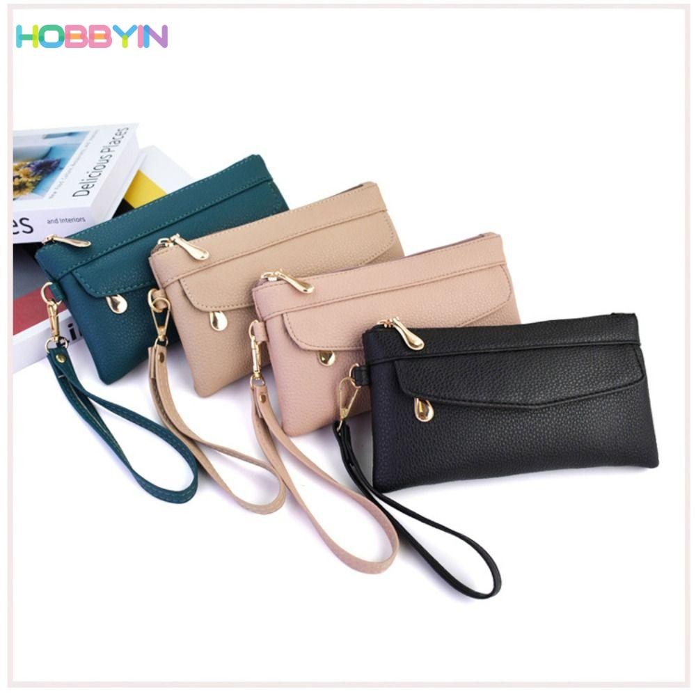 HOBBYIN กระเป๋าสตางค์ใบยาว, กระเป๋าใส่เหรียญสีทึบหนัง PU, กระเป๋าถือซิปแฟชั่นผู้หญิง