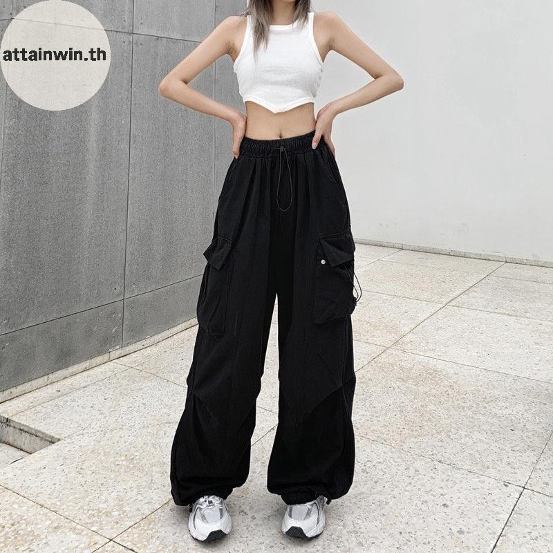 Attainwin Vintage กระเป๋ากางเกง Cargo Drawstring เอวสูง Streetwear Harajuku Baggy กางเกงขากว้างผู้หญ