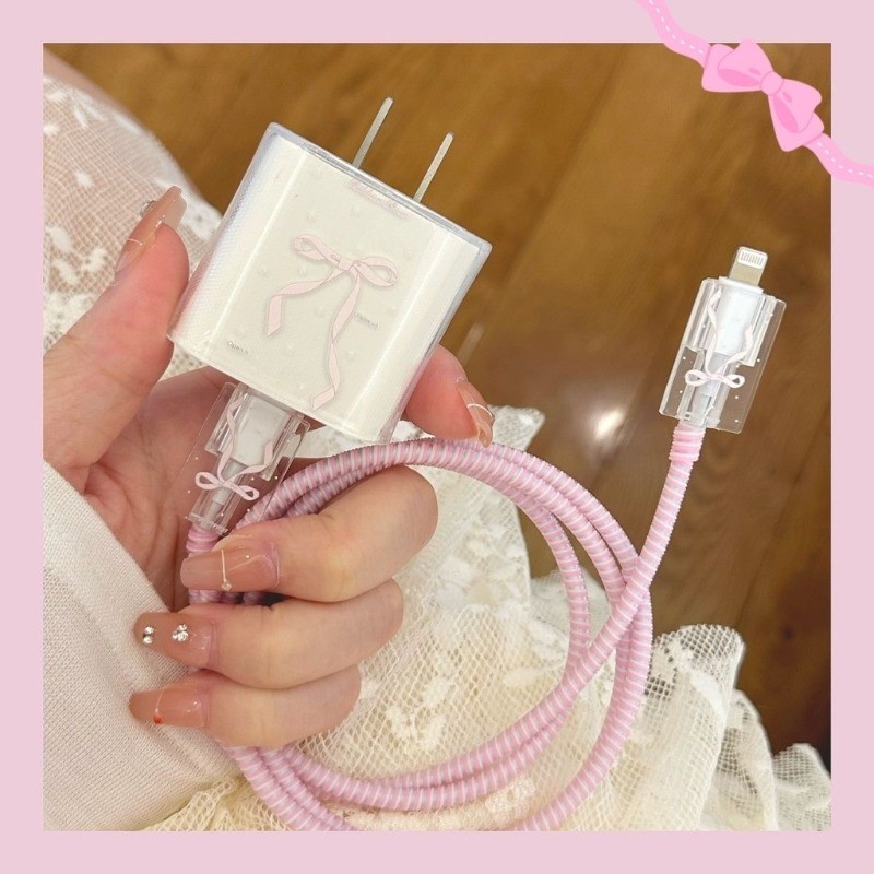 3d สีชมพูโบว์สาย Charger Protector สําหรับ IPhone IPad 18W 20W Original Charger ใหม่ข้อมูล Line Spiral Winder อุปกรณ์ป้องกัน