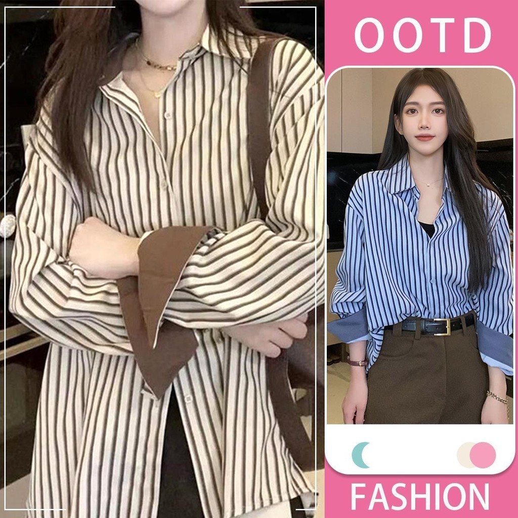 KOKO ❤️เสื้อเชิ้ตแขนยาว คอปก พิมพ์ลายทาง ทรงหลวม แฟชั่น สไตล์เกาหลี สําหรับผู้หญิง W295