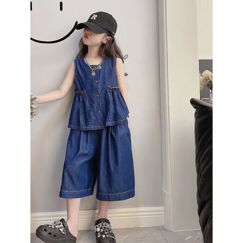 Girls jean Set SG168 BIG SIZE 120-170 เสื้อกล้ามยีนส์และกางเกงหลวม แฟชั่นเด็กฤดูใบไม้ผลิและฤดูร้อน