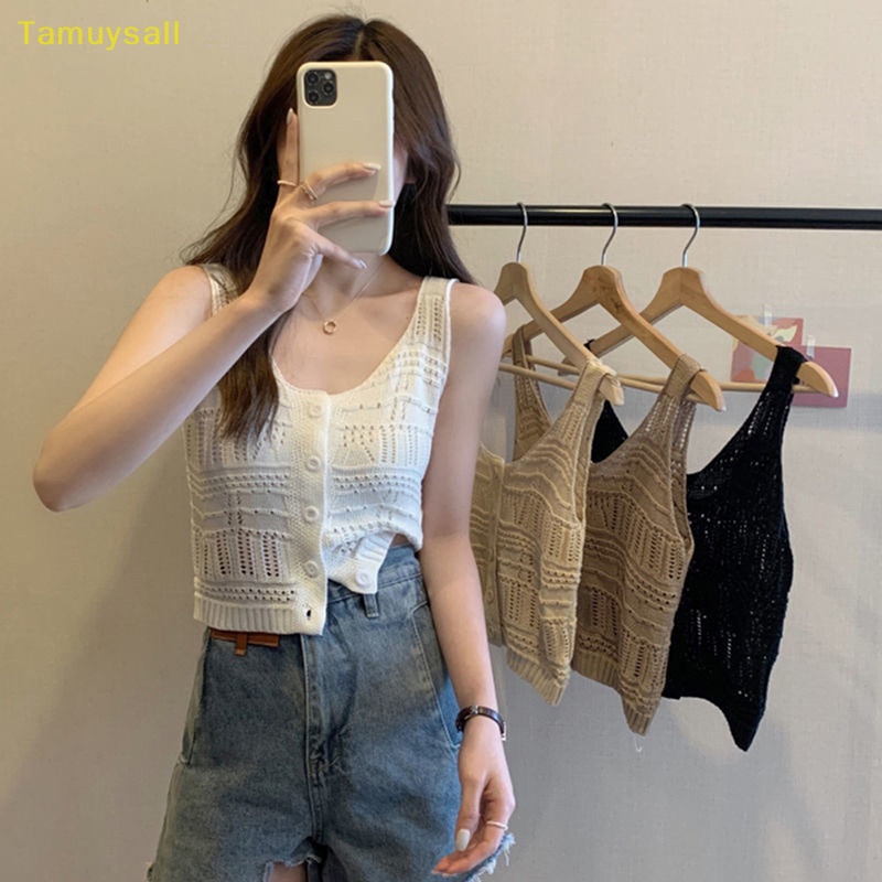 [TAMU] เสื้อครอปท็อปแขนกุด ผ้าถัก แต่งรูกลวง สีพื้น เหมาะกับฤดูร้อน สําหรับผู้หญิง YSA