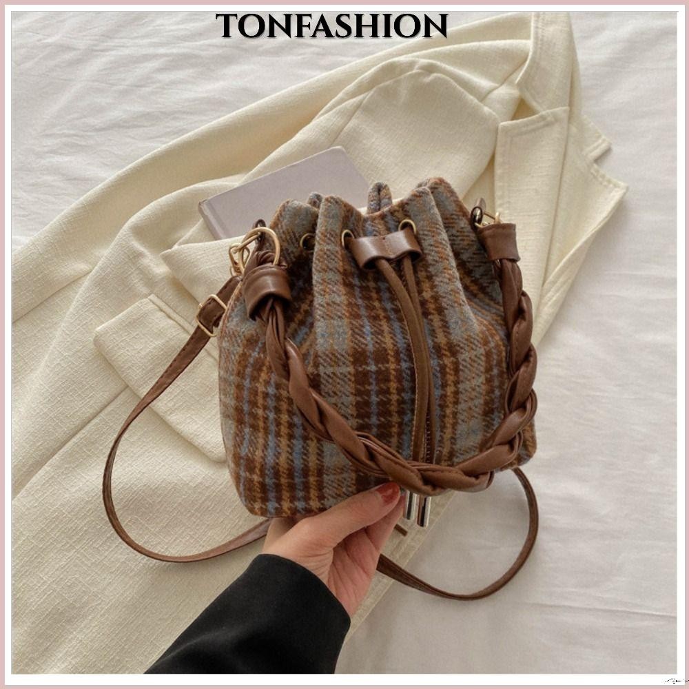 Tonfashion กระเป๋าสะพายไหล่ กระเป๋าถือ ผ้าวูล ลายตาราง สไตล์วินเทจ แฟชั่นสําหรับสตรี