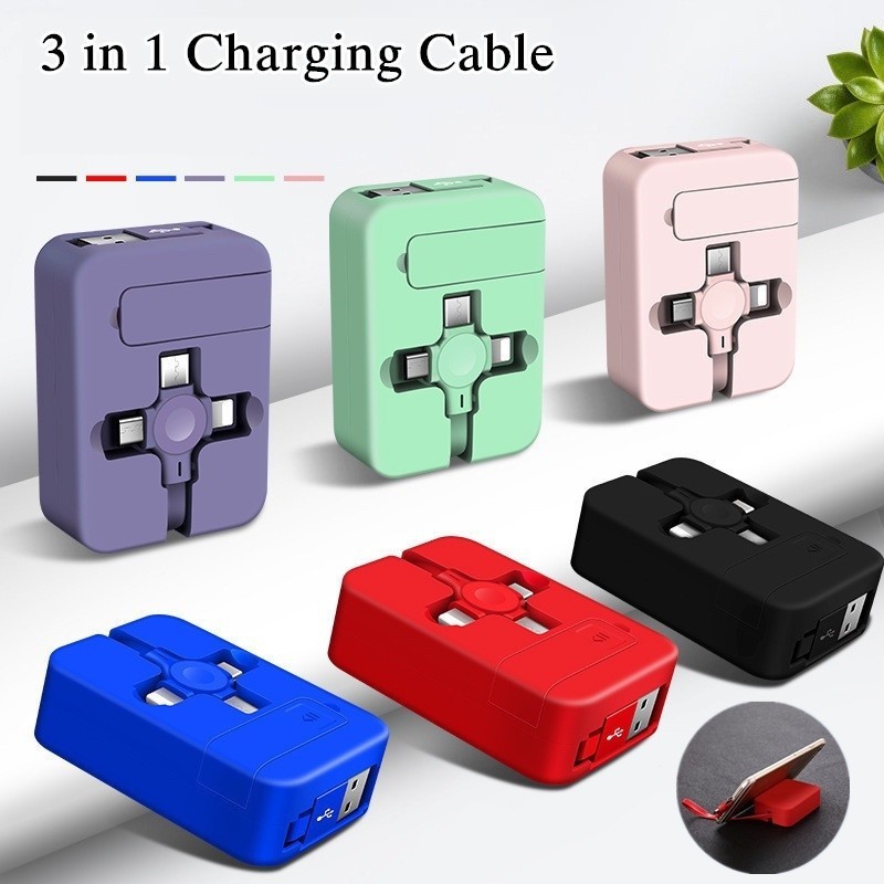 4 In 1 สายชาร์จ USB Type C ยืดหดได้ ชาร์จเร็ว 3A 1 ม. พร้อมที่วางโทรศัพท์