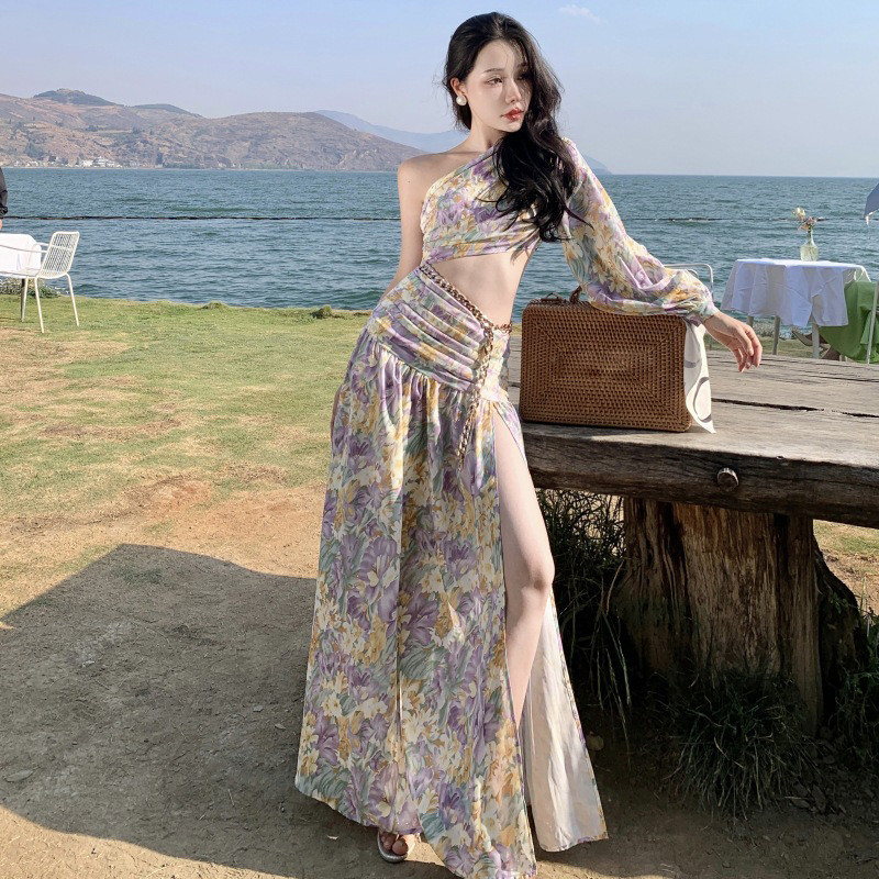 ชุดเดรสกระโปรงยาว ลายดอกไม้ เหมาะกับเดินชายหาด แฟชั่นฤดูร้อน สไตล์ฝรั่งเศส สําหรับสตรี QACF