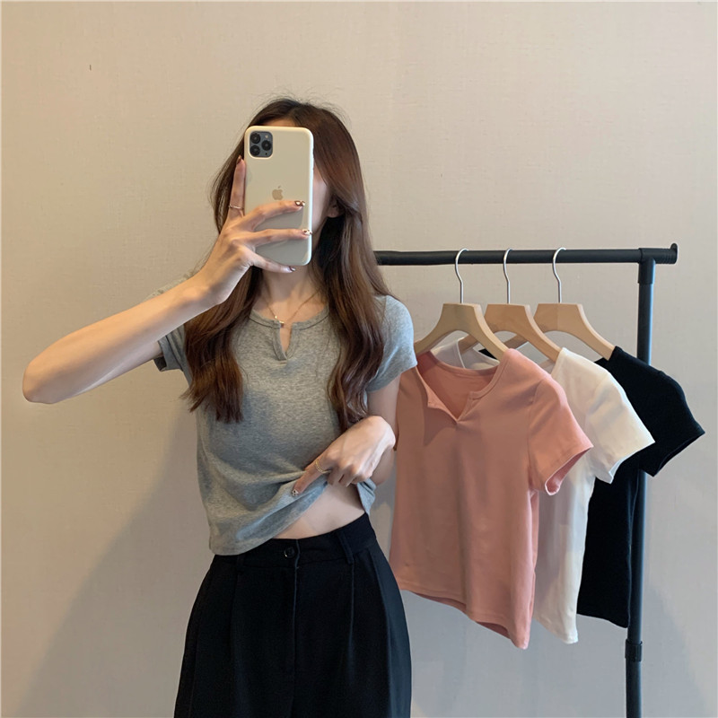 เสื้อยืดแขนสั้น เข้ารูป สีชมพู สําหรับผู้หญิง