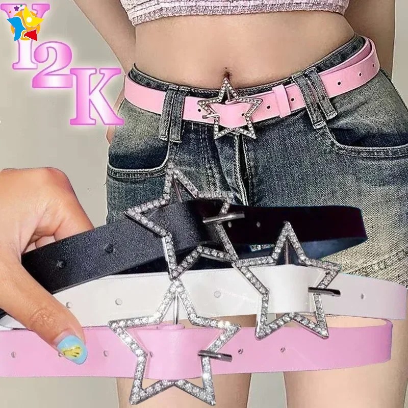 Y2k เข็มขัดหนัง PU ประดับพลอยเทียม สีชมพู สําหรับตกแต่ง