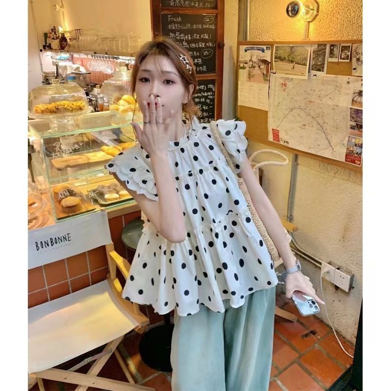 เสื้อเชิ้ตแขนระบาย ลายจุด ทรงหลวม เข้ากับทุกการแต่งกาย แฟชั่นฤดูร้อน สไตล์เกาหลี สําหรับผู้หญิง