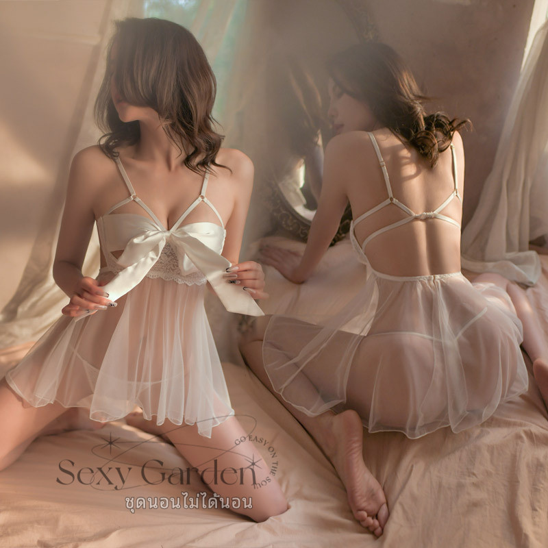 ยั่วยวนสามี ชุดนอนไม่ได้นอน ชุดนอนซีทรู 🌟เกรดดี อกผูกโบว์ลูกไม้ที่ มีจีสตริงเข้าชุด 🚚ส่งไวจากไทย1-2วัน