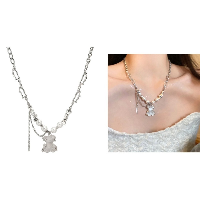 Boom Beauty Bear Pearl Fringe สร้อยคอที่ไม่ซ้ํากัน Hip Hop เสื้อกันหนาวน่ารักสัตว์จี้ Choker สร้อยคอ