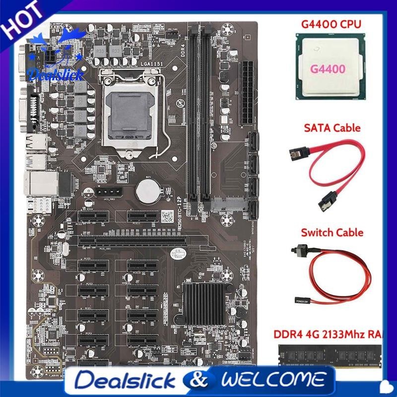【Dealslick】เมนบอร์ดขุดเหมือง B250 BTC 12 PCIE16X กราฟการ์ด LGA1151 พร้อม G4400 CPU+DDR4 4G 2133Mhz RAM+SATA สายเคเบิล และสวิตช์